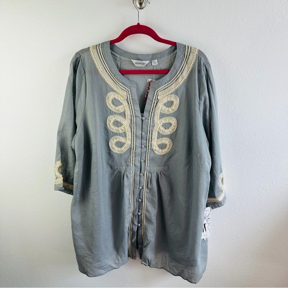 Avenue‎ Gray Ivory Embellished Linen Blend Tunic Top Size 22/24